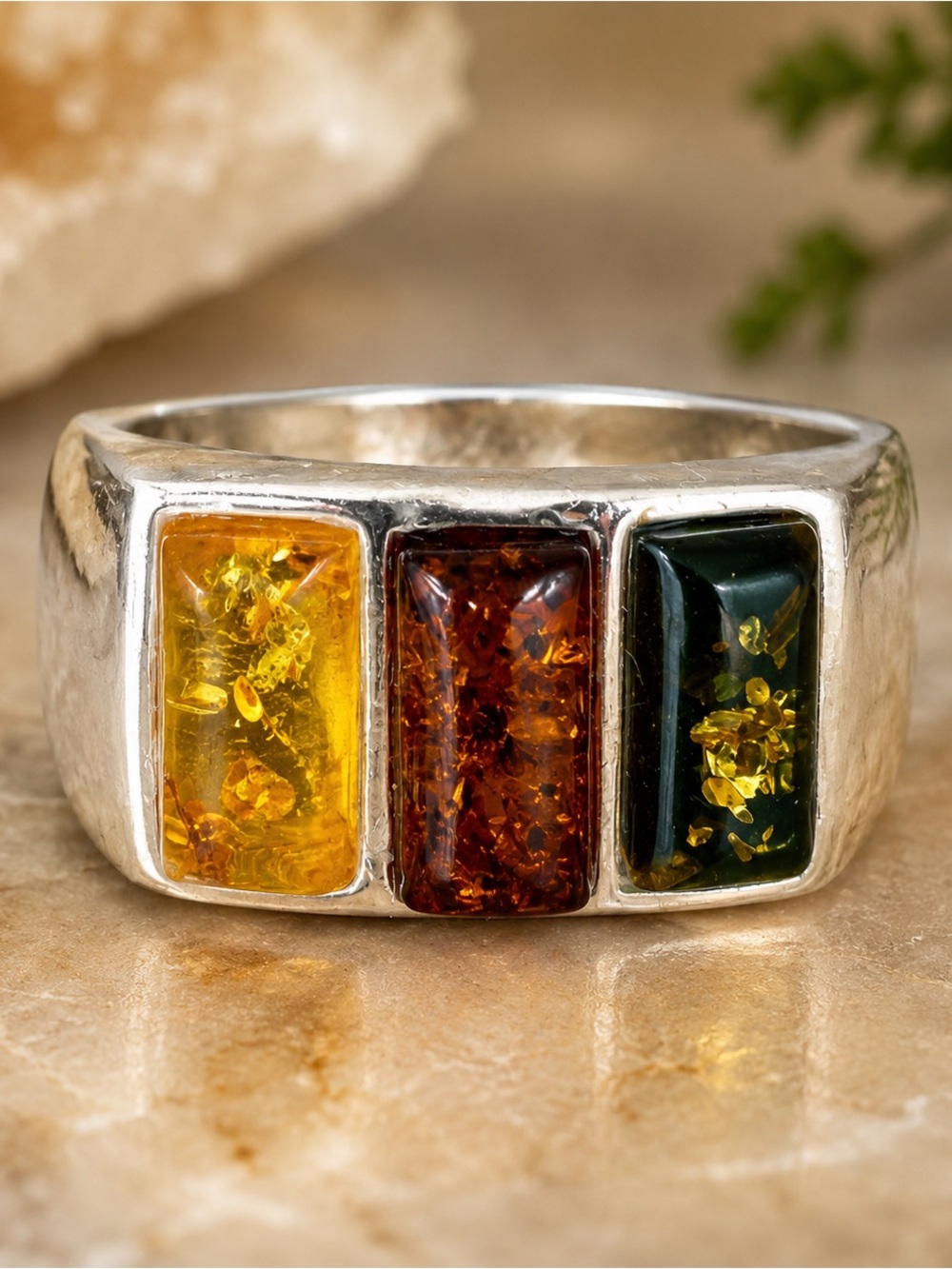 Sterling Silver Baltic Amber 3 Color Modernist Statement Ring Size 8 Excellent C